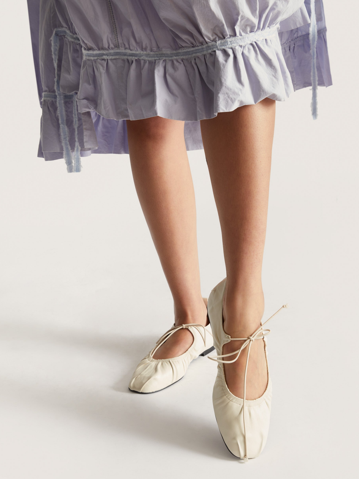 Cream Tied Bow Shirring Round Toe Ballet Flats