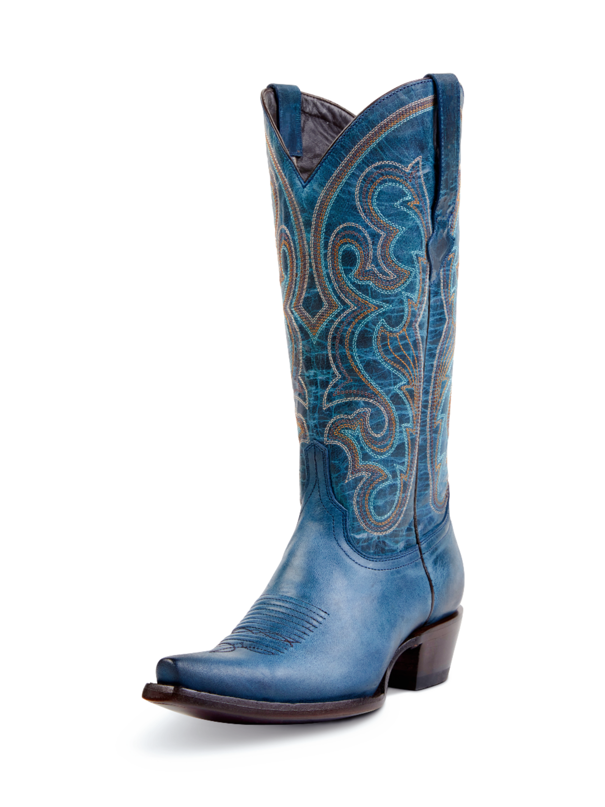 Distressed Blue Embroidery Snip-Toe Wide Mid Calf Tall Cowboy Boots For Women