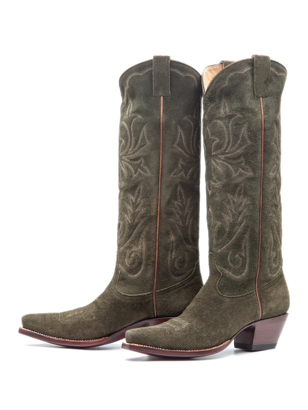 Dark Forest Green Faux Suede Embroidery Snip-Toe Wide Mid Calf Tall Cowgirl Boots