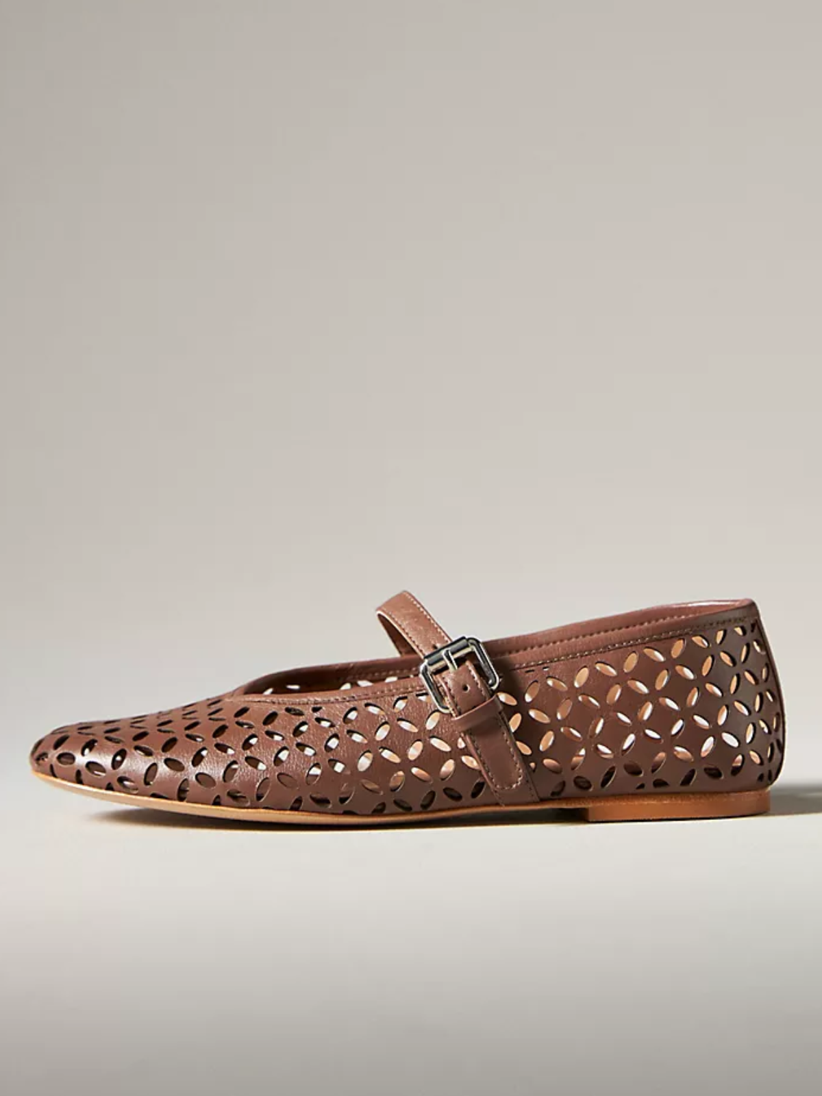 Brown Flats Mary Janes With Floral Cutout And Buckled Strap