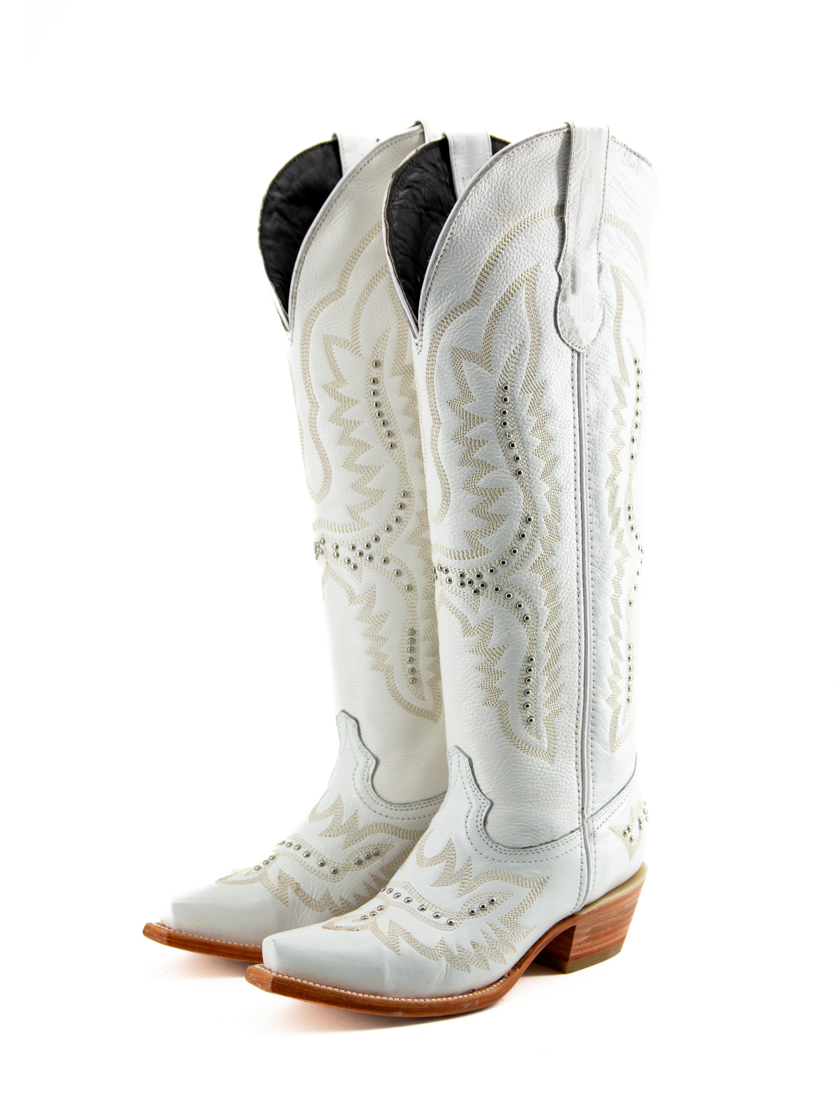 White Studded Embroidery Snip-Toe Half-Zip Cowgirl Knee High Tall Boots