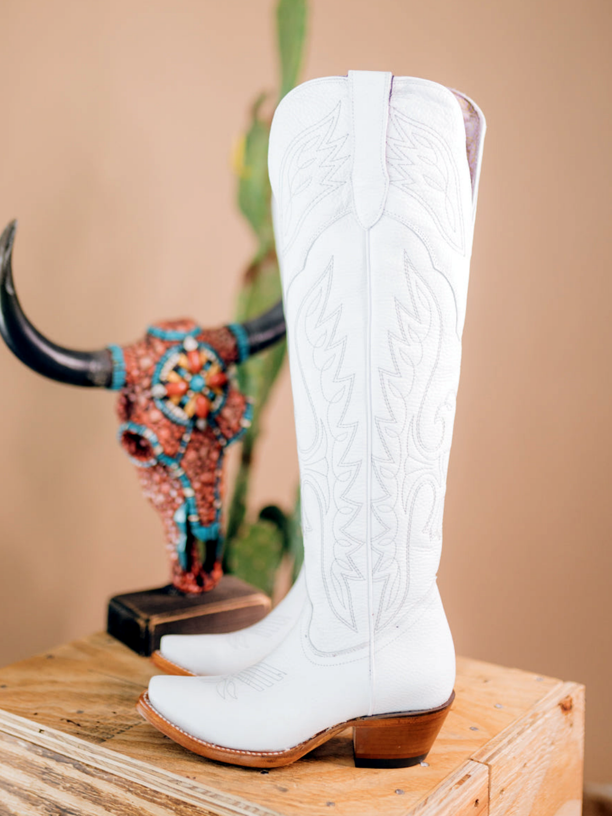 Eagle Embroidery Snip-Toe Half-Zip Over-The-Knee Tall Cowgirl Boots - White