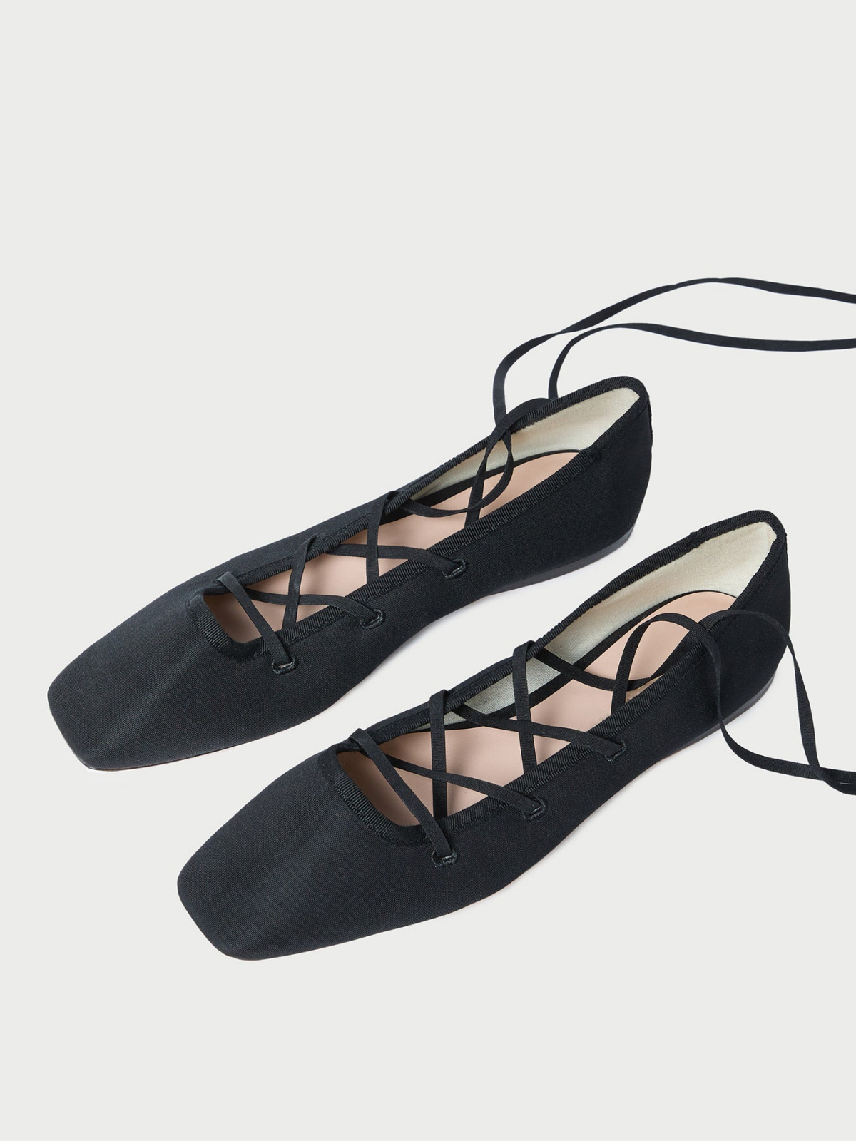 Black Cloth Square-Toe Lace-Up Ballet Flats