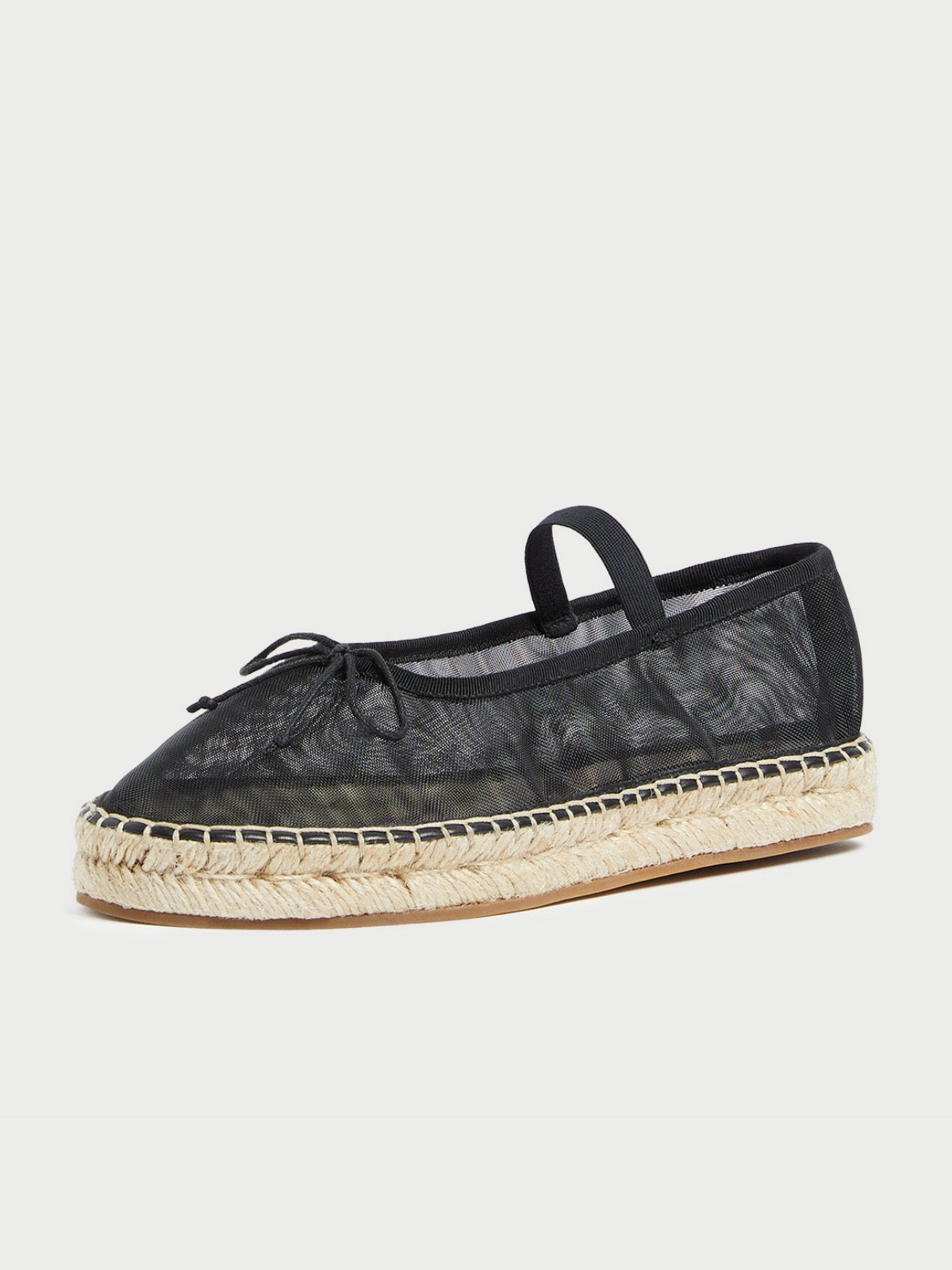 Black Almond-Toe Elastic Bridge Strap Mesh Bow Espadrille Ballet Flats