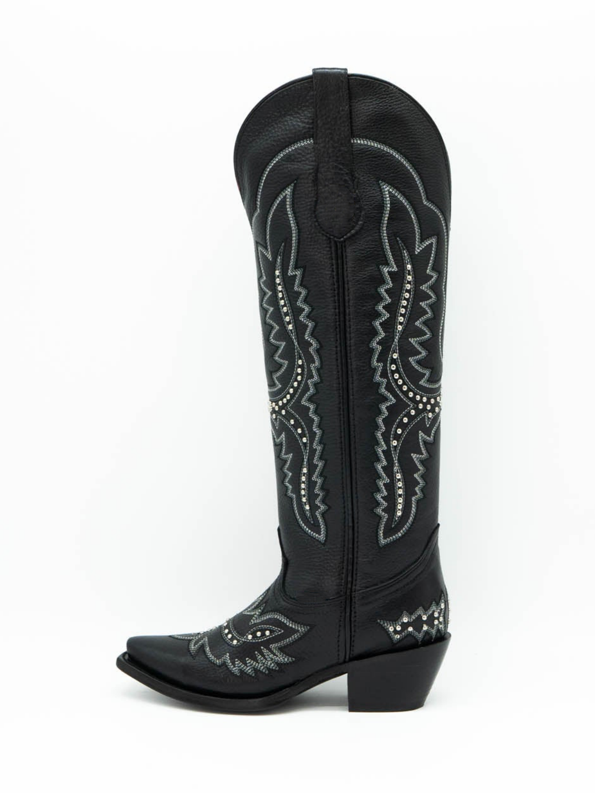 Black Studded Embroidery Snip-Toe Half-Zip Western Knee High Tall Boots