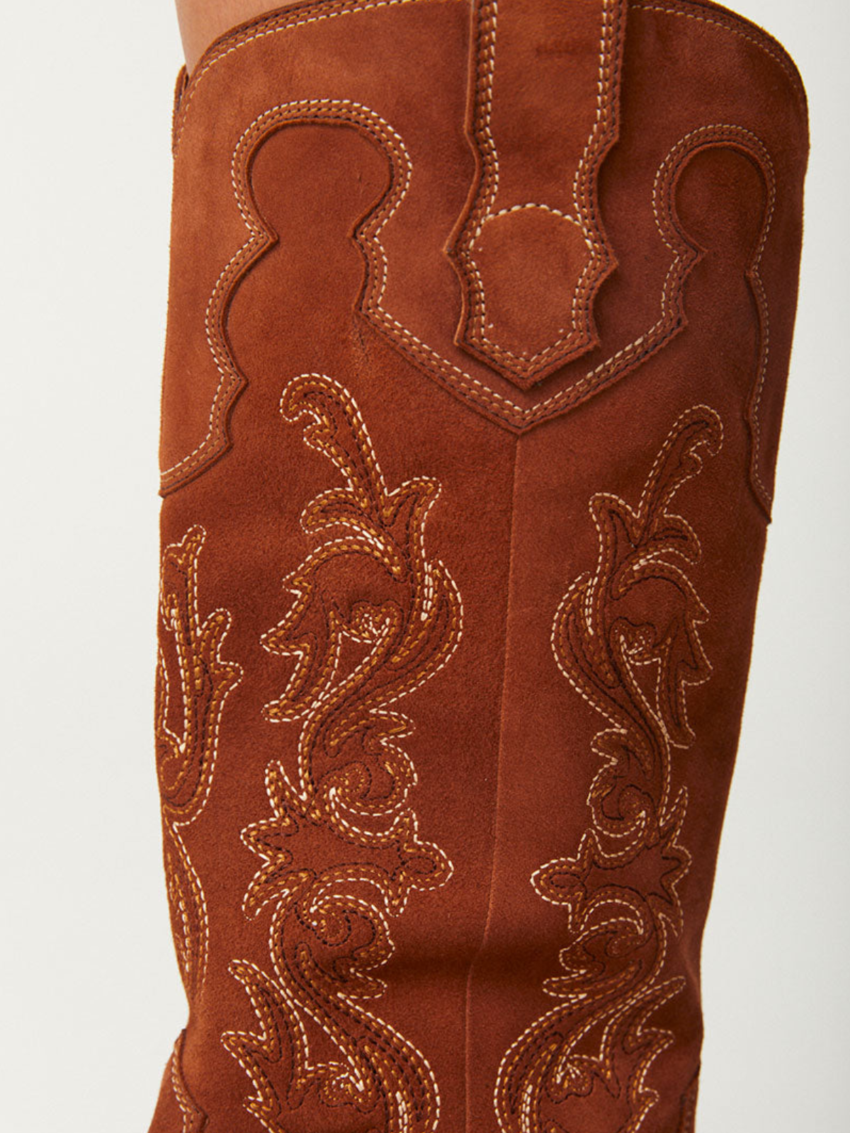 Warm Brown Faux Suede Almond-Toe Embroidery Wide Mid Calf Cowgirl Boots