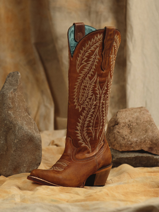 Honey Snip-Toe Half-Zip Leaves Embroidery Mid Calf Cowgirl Boots