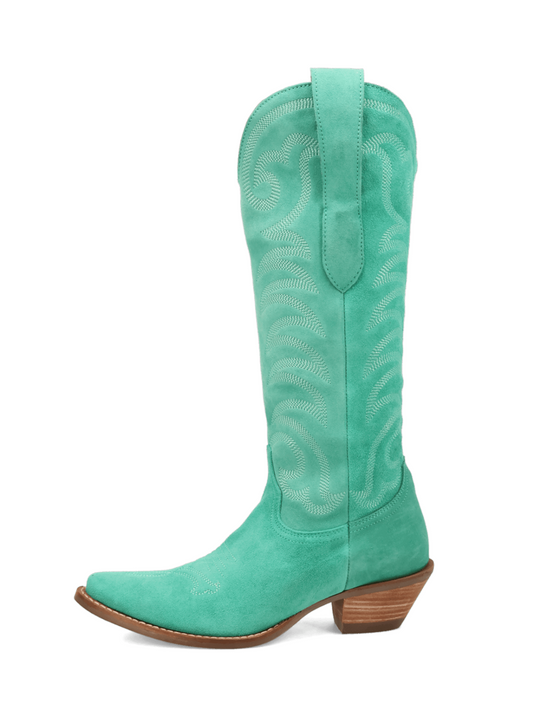 Snip-Toe Faux Suede Classic Embroidery Wide Mid Calf Cowgirl Boots - Green