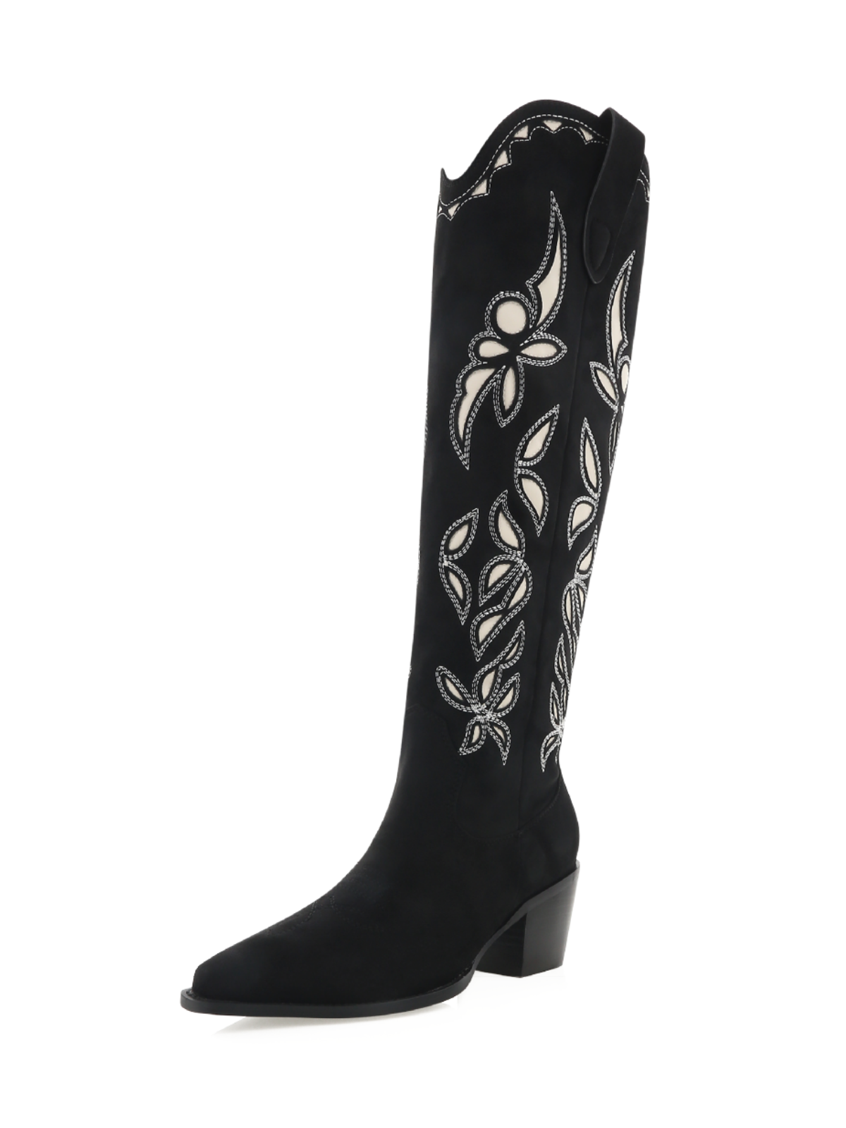 Black Faux Suede Snip-Toe Embroidery And Inlay Wide Calf Tall Knee High Cowgirl Boots