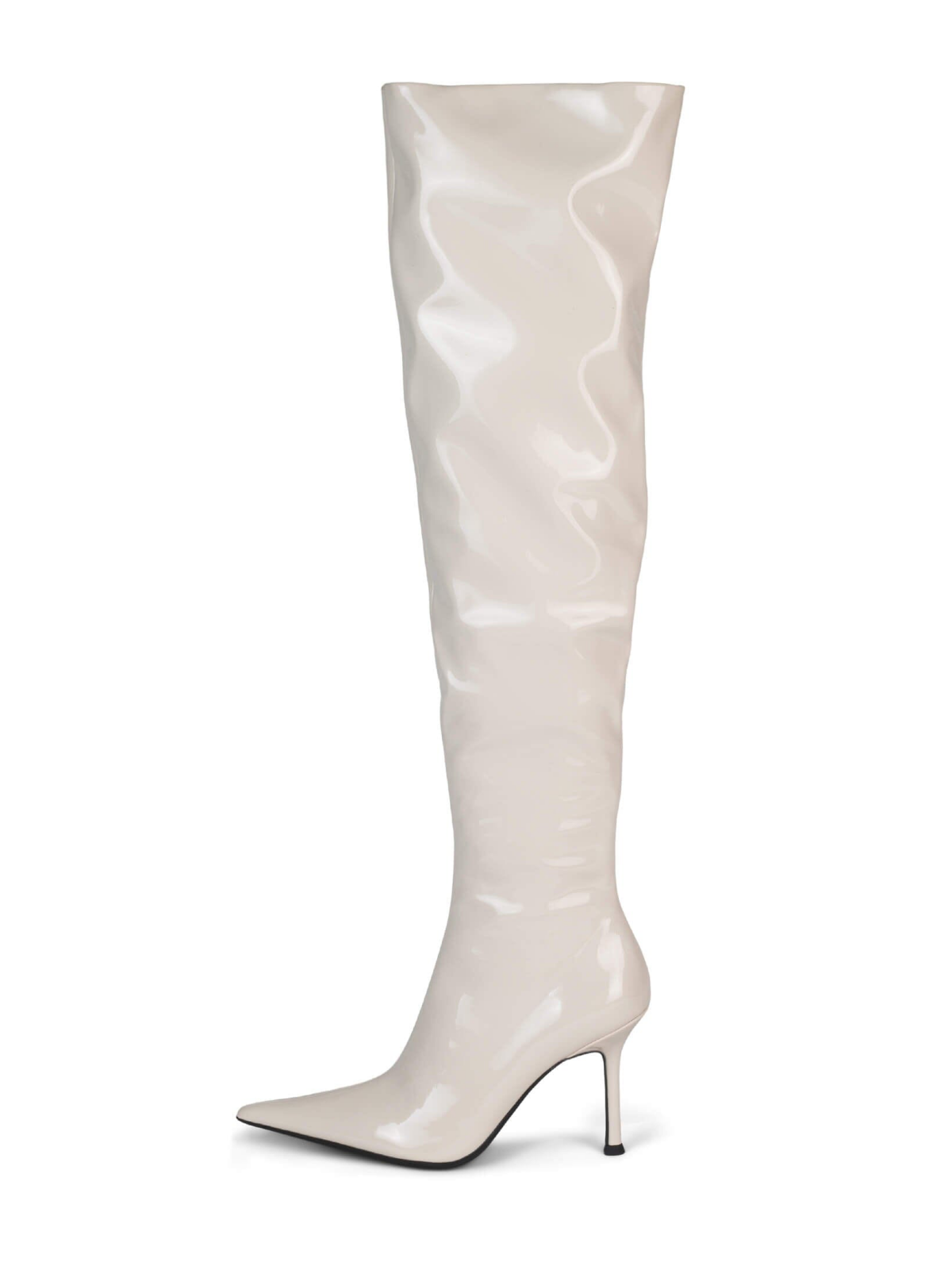 Beige Patent Pointed-Toe Half-Zip Over-The-Knee Stiletto Boots