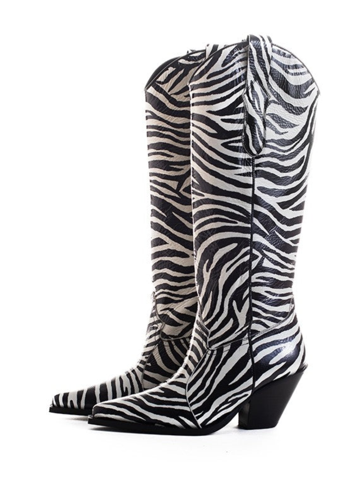 Zebra Stripe Pointed-Toe Wide Calf Tall Knee High Cowgirl Boots