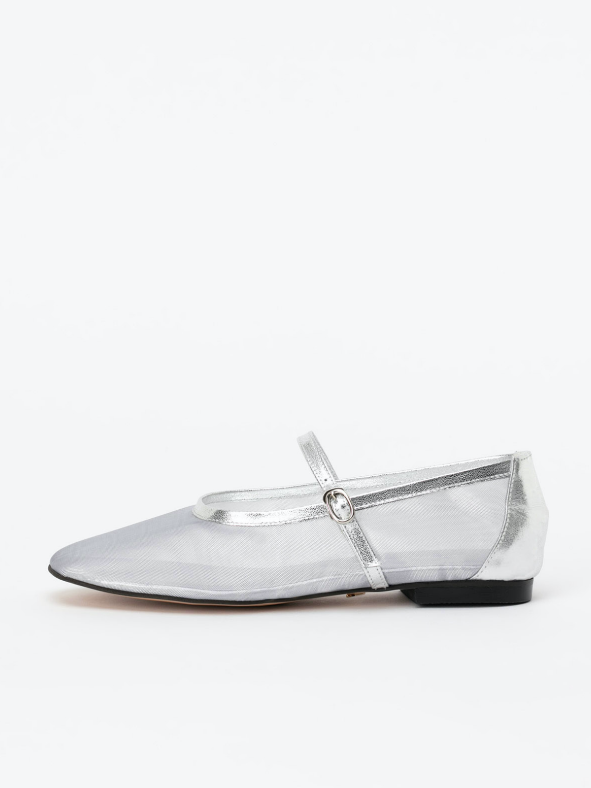 Metallic Silver Mesh Square-Toe Flats Mary Janes With Adjustable Strap