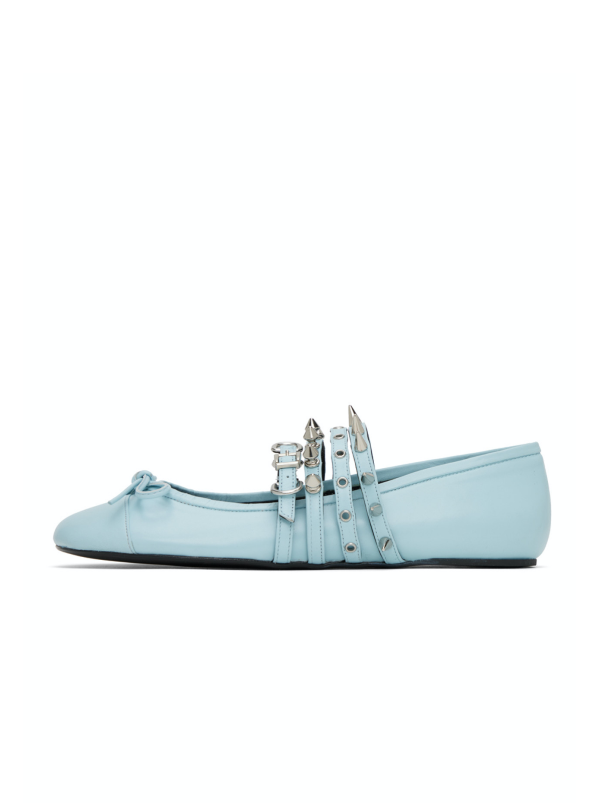 Sky Blue Bow Spike Strappy Square-Toe Ballet Flats Mary Janes