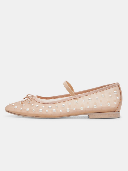 Blush Pink Bow Pearl Semi-Transparent Mesh Ballet Flats Mary Janes