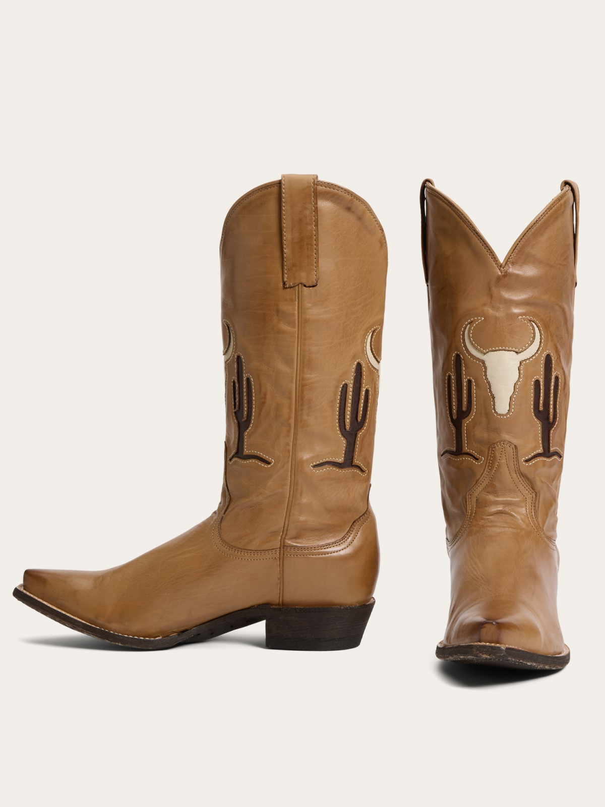 Tan Snip-Toe Steer And Cactus Inlay Wide Mid Calf Tall Cowgirl Boots