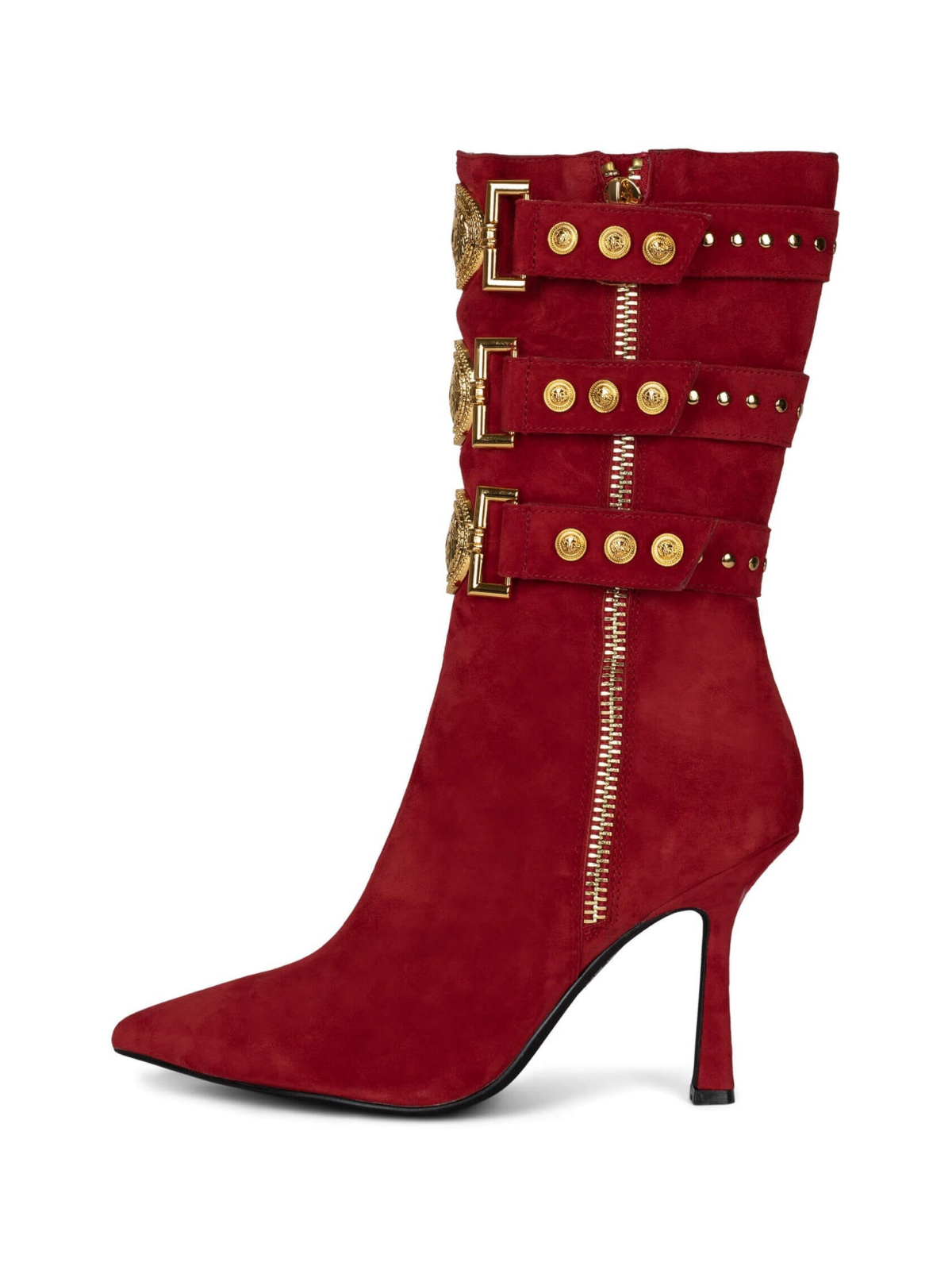 Red Faux Suede Pointed-Toe Full-Zip Mid Calf Stiletto Boots With Straps And Gold Emblem