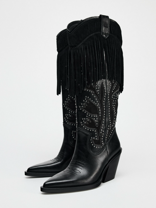 Black Pointed-Toe Faux Suede Fringe And Inlay Studded Wide Mid Calf Cowgirl Boots