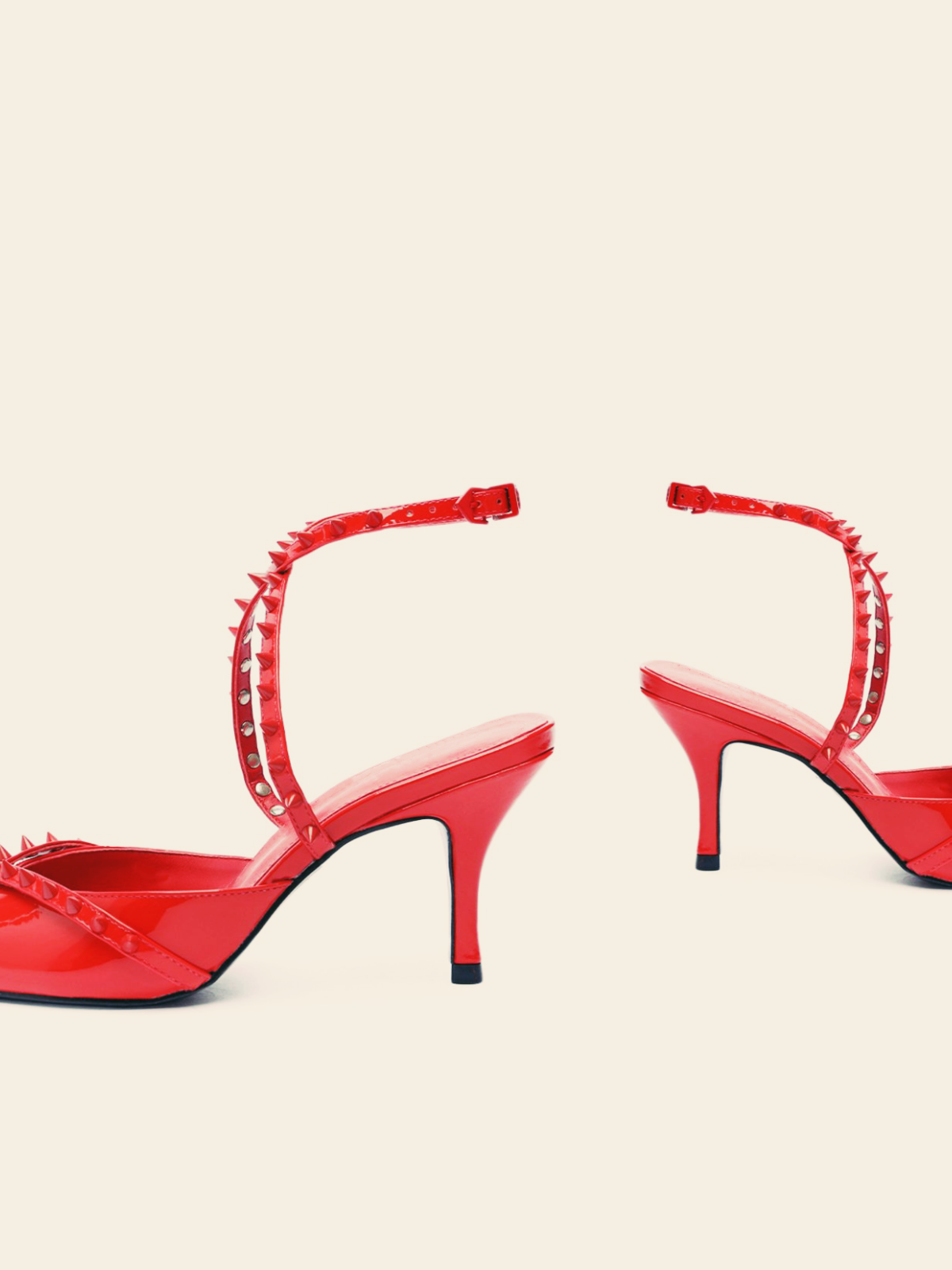 Red Patent Spike Pointy High Heels Pumps With Ankle Wrap Strap