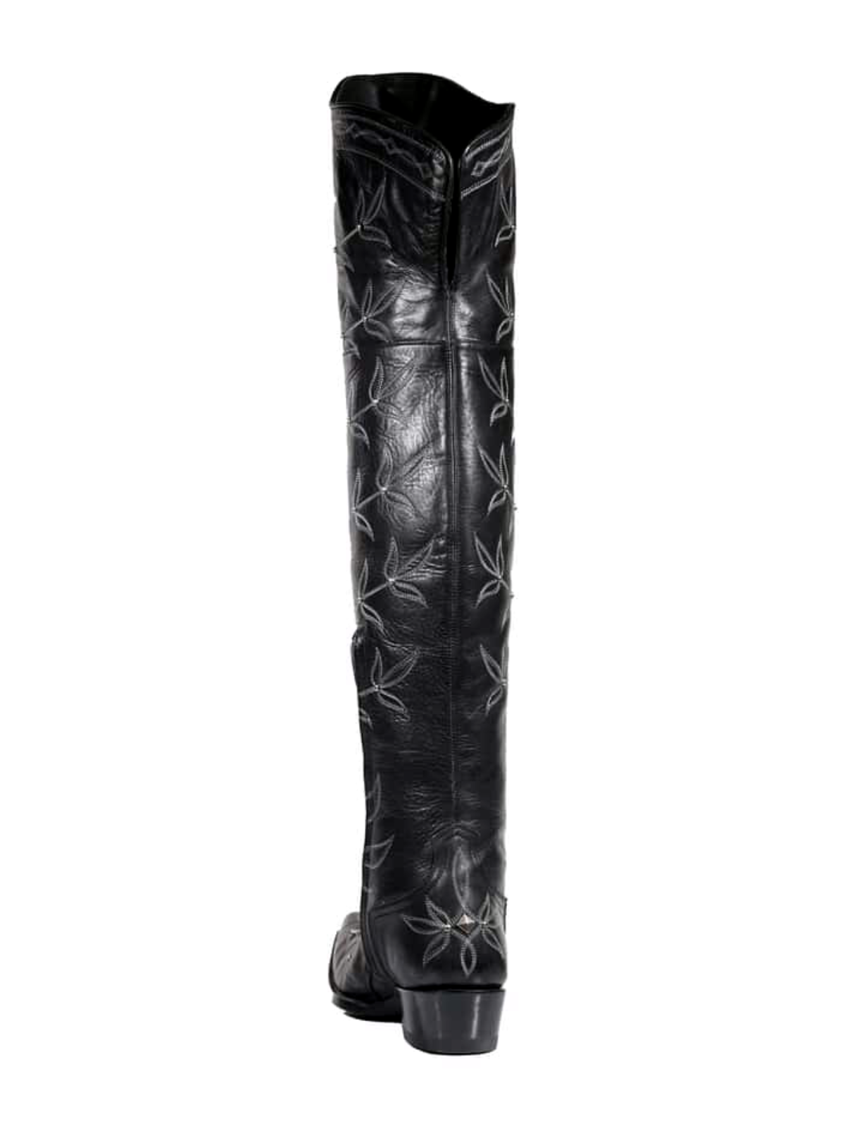 Black Snip-Toe Studded Leaf Embroidery Half-Zip Over-The-Knee Cowgirl Boots