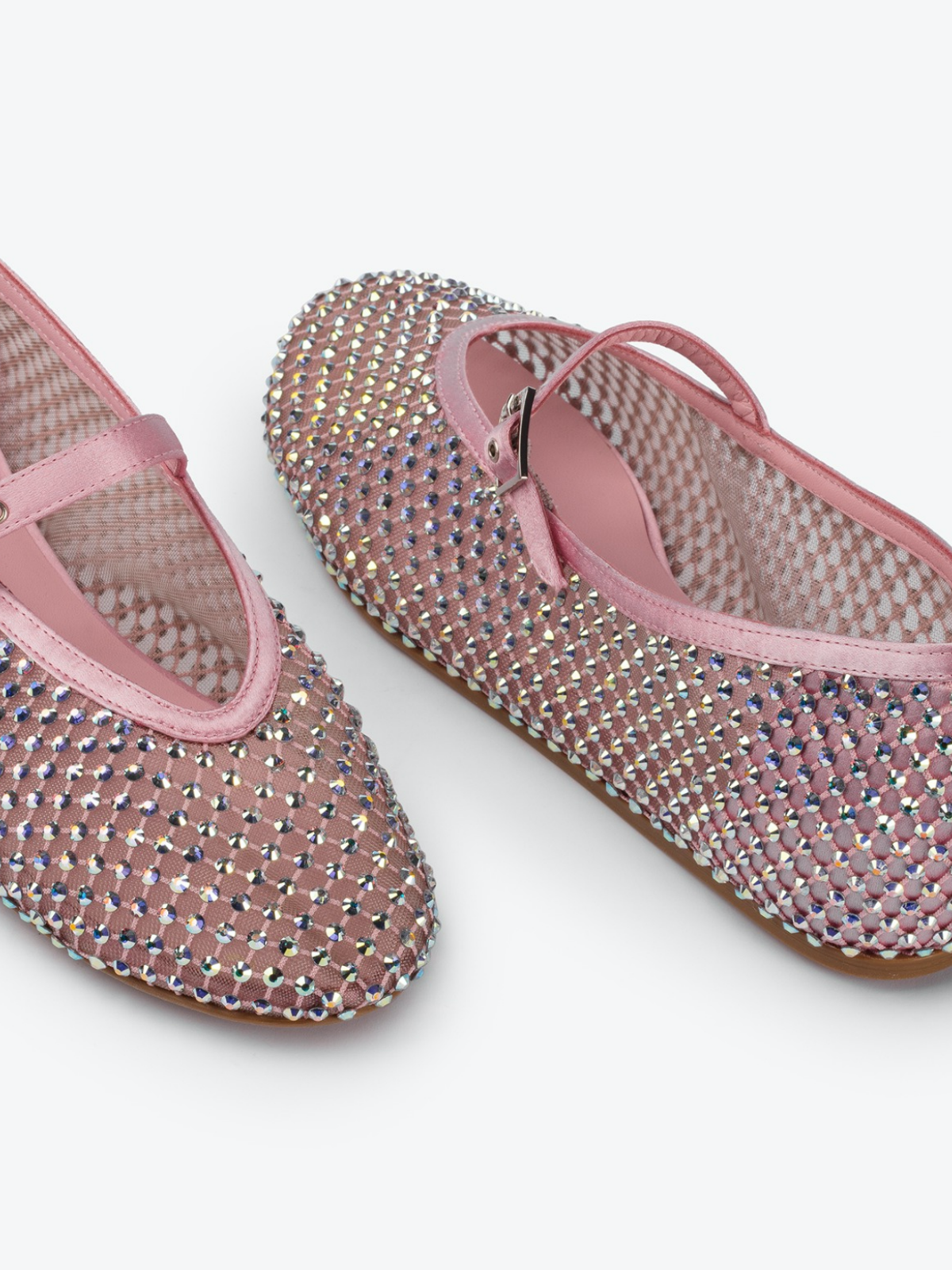 Pink Satin Iridescent Rhinestone Fishnet Round-Toe Ballet Flats Mary Janes