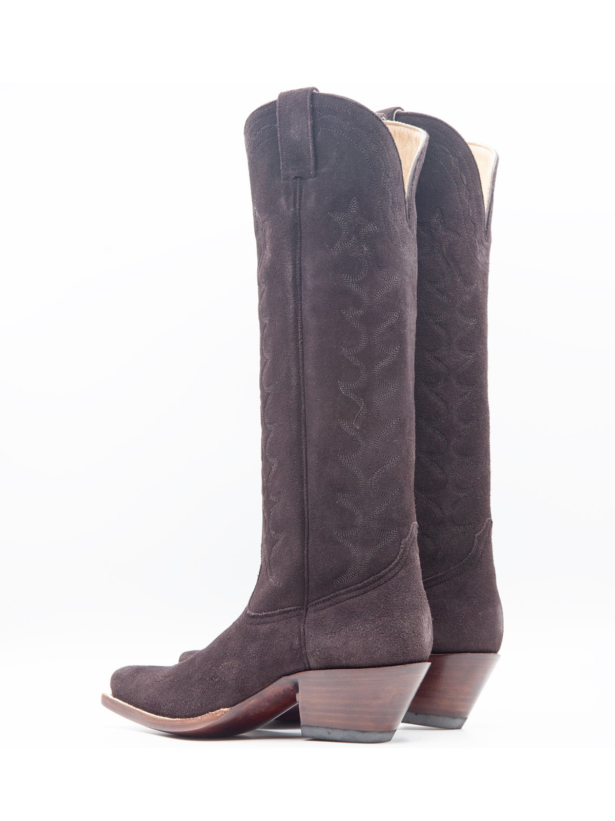 Chocolate Faux Suede Embroidery Snip-Toe Wide Mid Calf Tall Cowgirl Boots