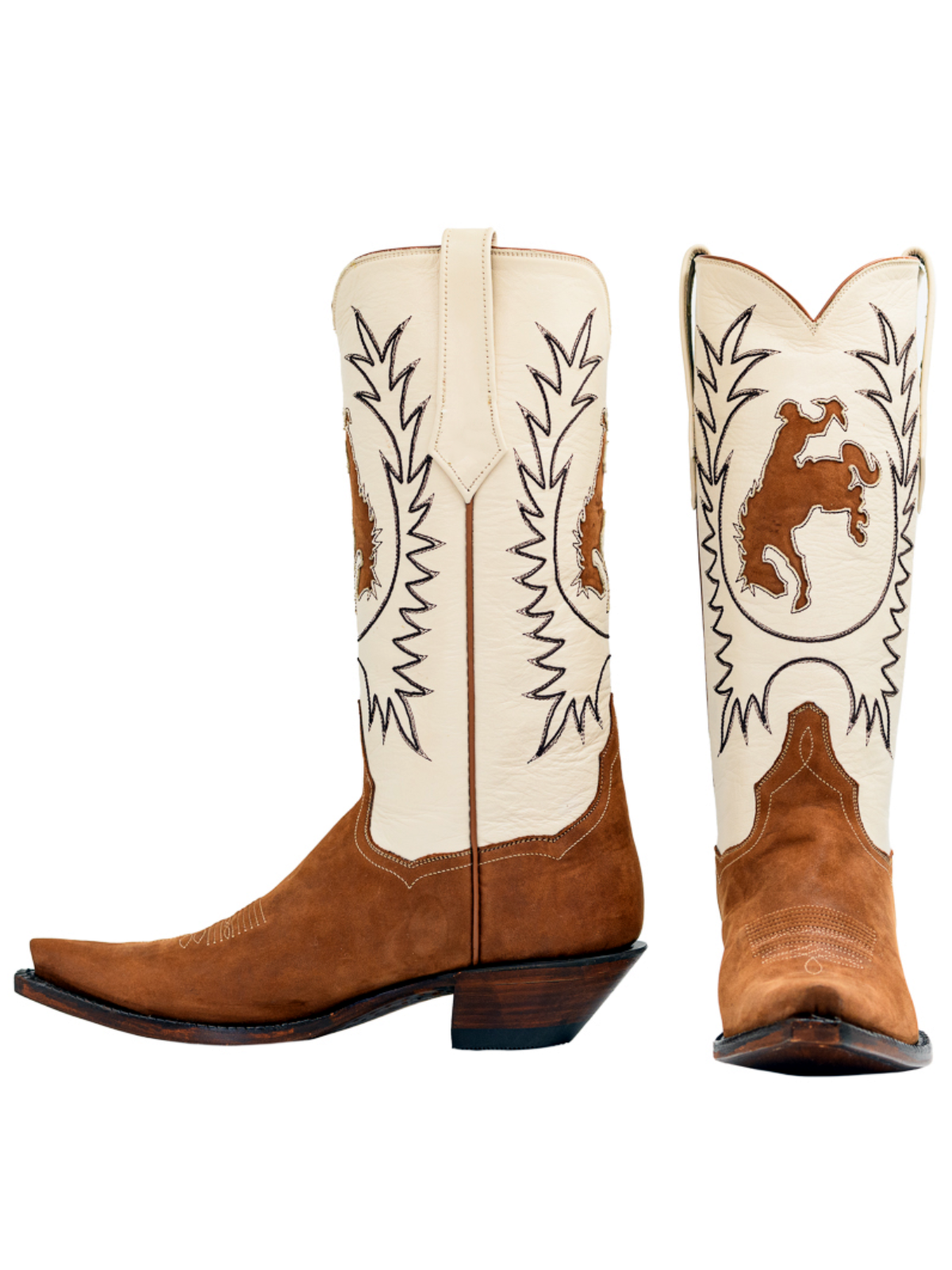 Contrast Cream And Brown Snip-Toe Embroidery Cowboy Inaly Wide Mid Calf Tall Cowgirl Boots