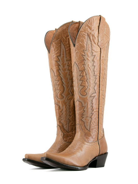 Classic Embroidery Crinkle Snip-Toe Half-Zip Tall Knee High Cowgirl Boots - Gold