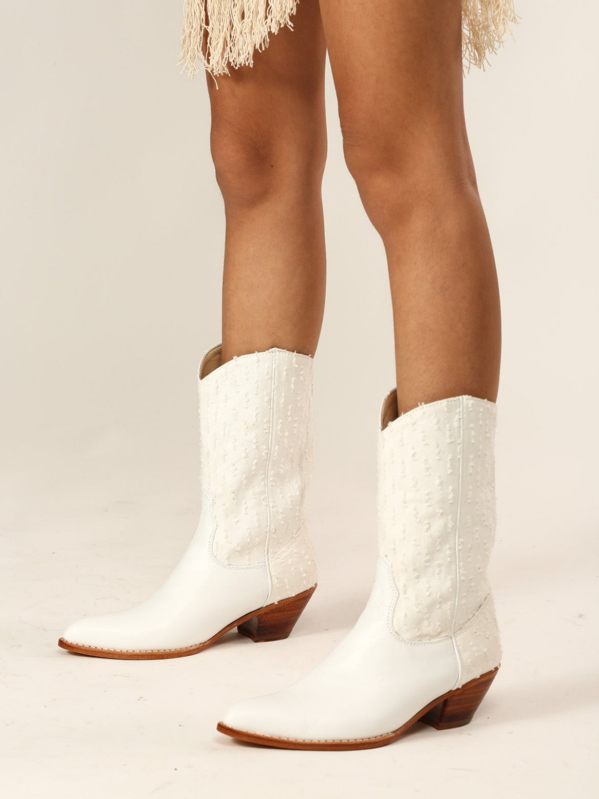 White Denim And Vegan Leather Almond-Toe Back-Zip Mid Calf Cowgirl Boots