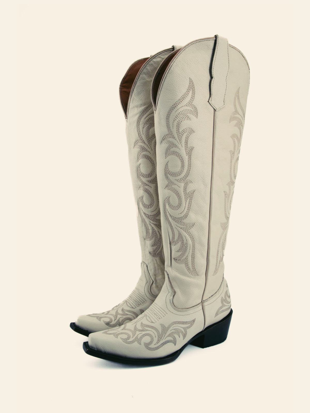 Retro Ivory Embroidery Snip-Toe Wide Calf Western Boots Knee High Tall Boots