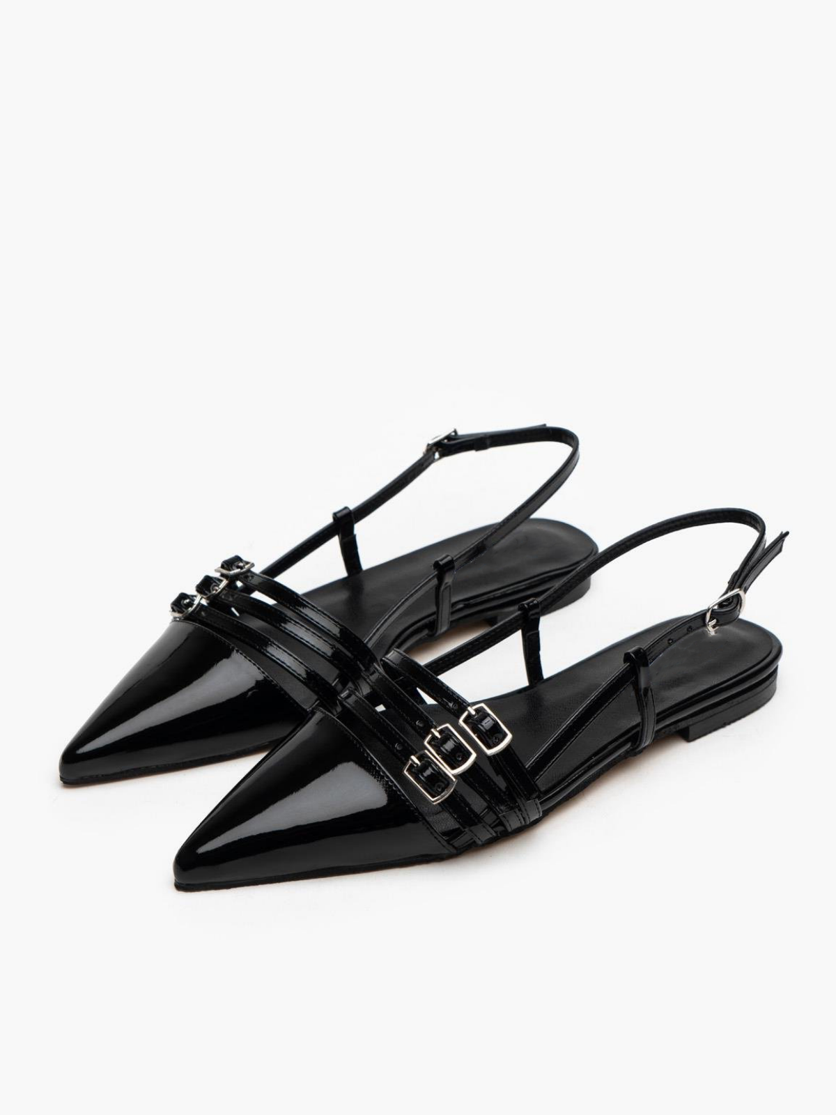 Black Patent Pointy Ballet Flats Slingbacks With Tripple Parallel Straps