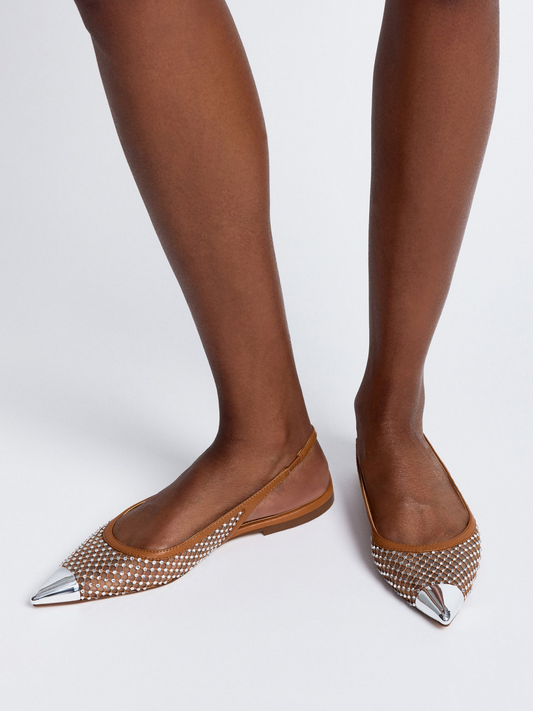 Tan Fishnet Rhinestone Pointy Slingback Flats With Silver Toe Cap