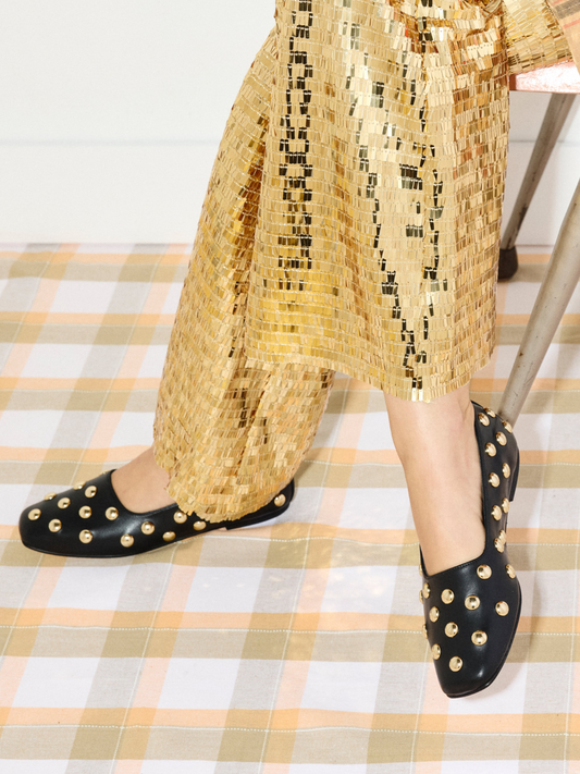 Black Square-Toe Ballet Flats With Gold Studs