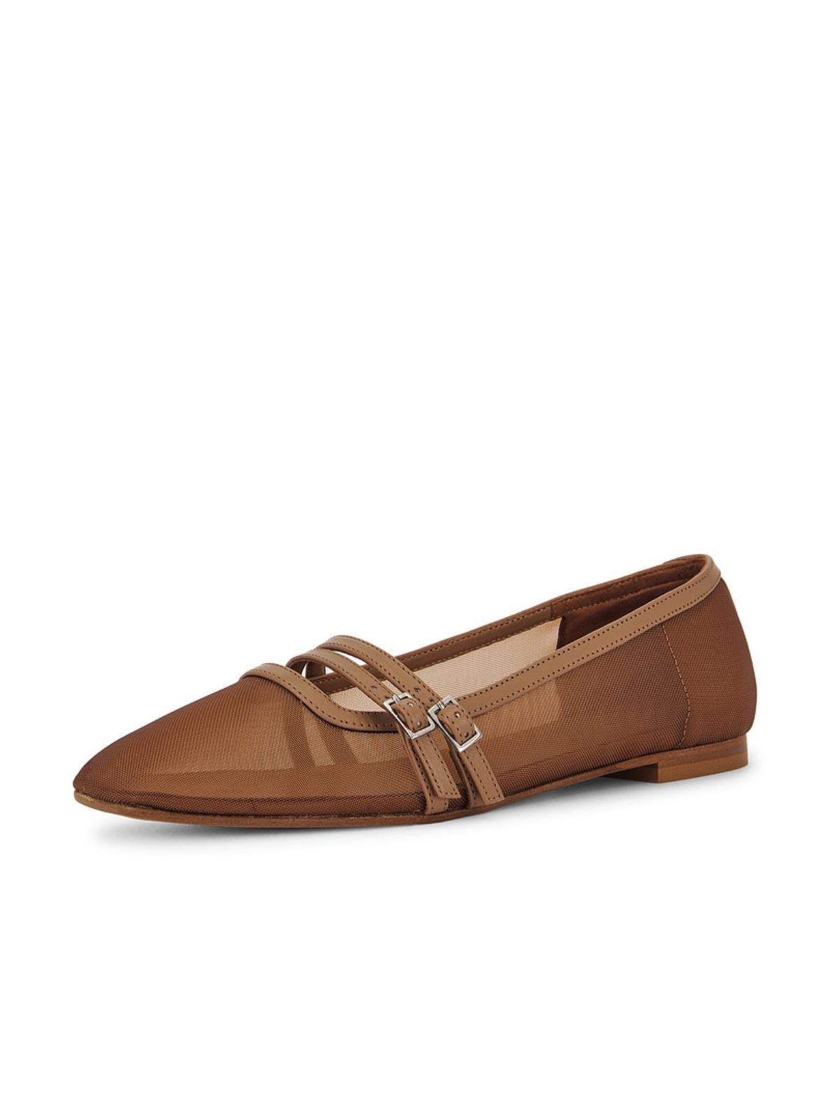 Brown Square Toe Semi-Transparent Mesh Ballet Flats With Double Buckled Strap