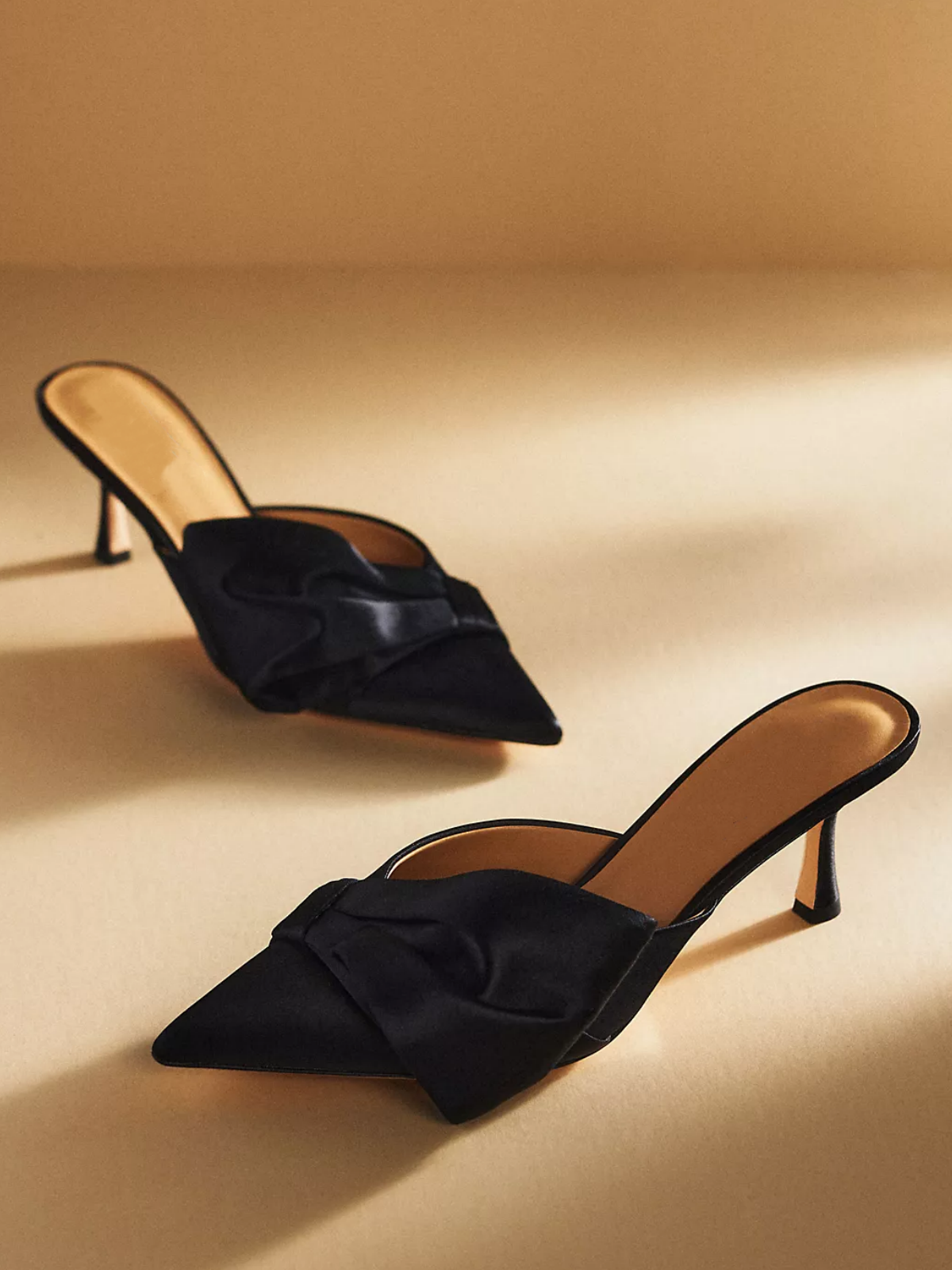 Black Satin Pointed-Toe Pump Kitten Heels