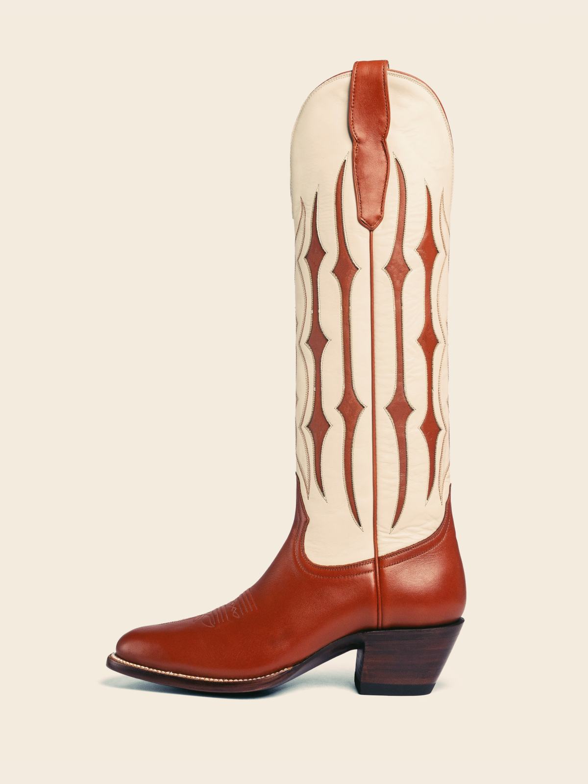 Dark Rust Contrast Inlay Stitch Almond-Toe Wide Mid Calf Western Cowgirl Boots