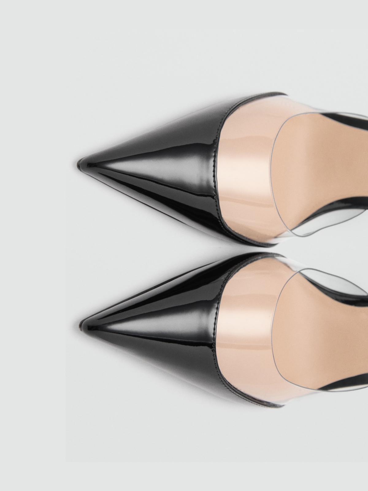 Contrast Patent Black And Transparent Vinyl Panel Pointed-Toe Slingback Kitten Heels