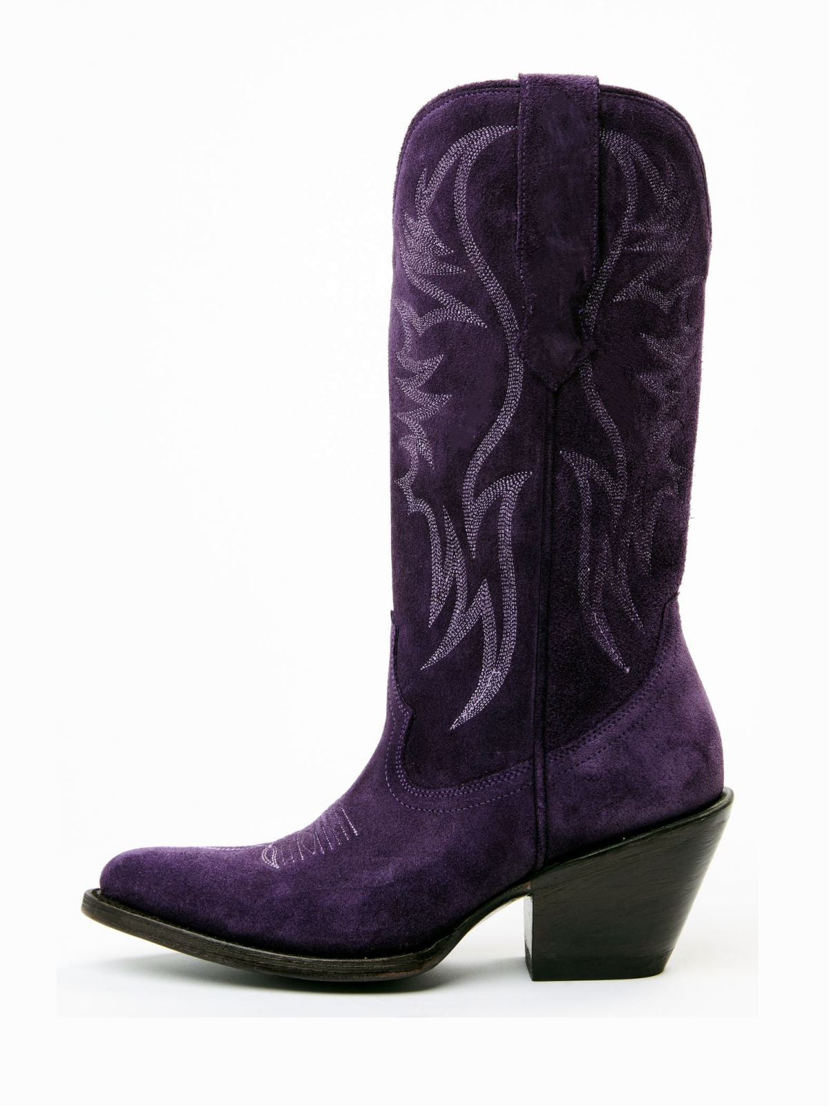 Faux Suede Wings Embroidery Pointed-Toe Wide Mid Calf Tall Cowgirl Boots - Purple