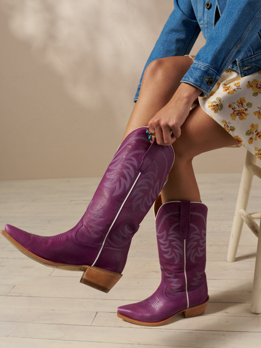 Violet Embroidery Snip-Toe Wide Mid Calf Tall Western Boots For Women