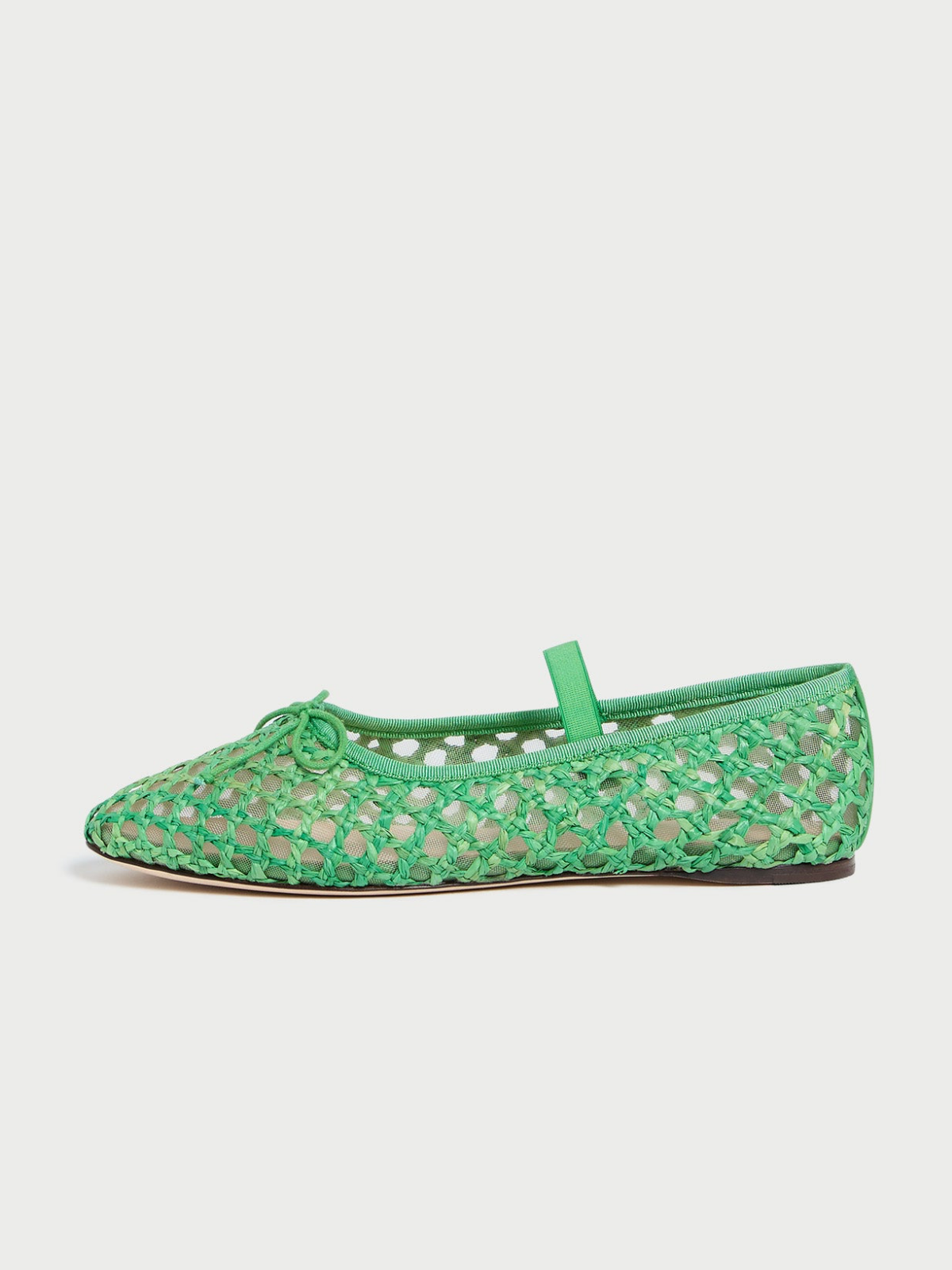 Green Almond-Toe Straw-Woven Elastic Bridge Strap Bow Mesh Ballet Flats