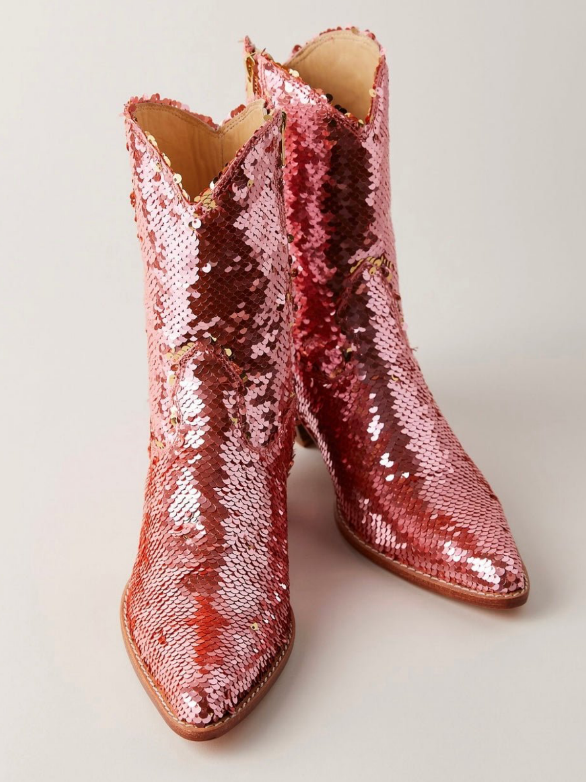 Red Embroidered Sequin Faux Suede Almond-Toe Full-Zip Mid Calf Cowgirl Boots