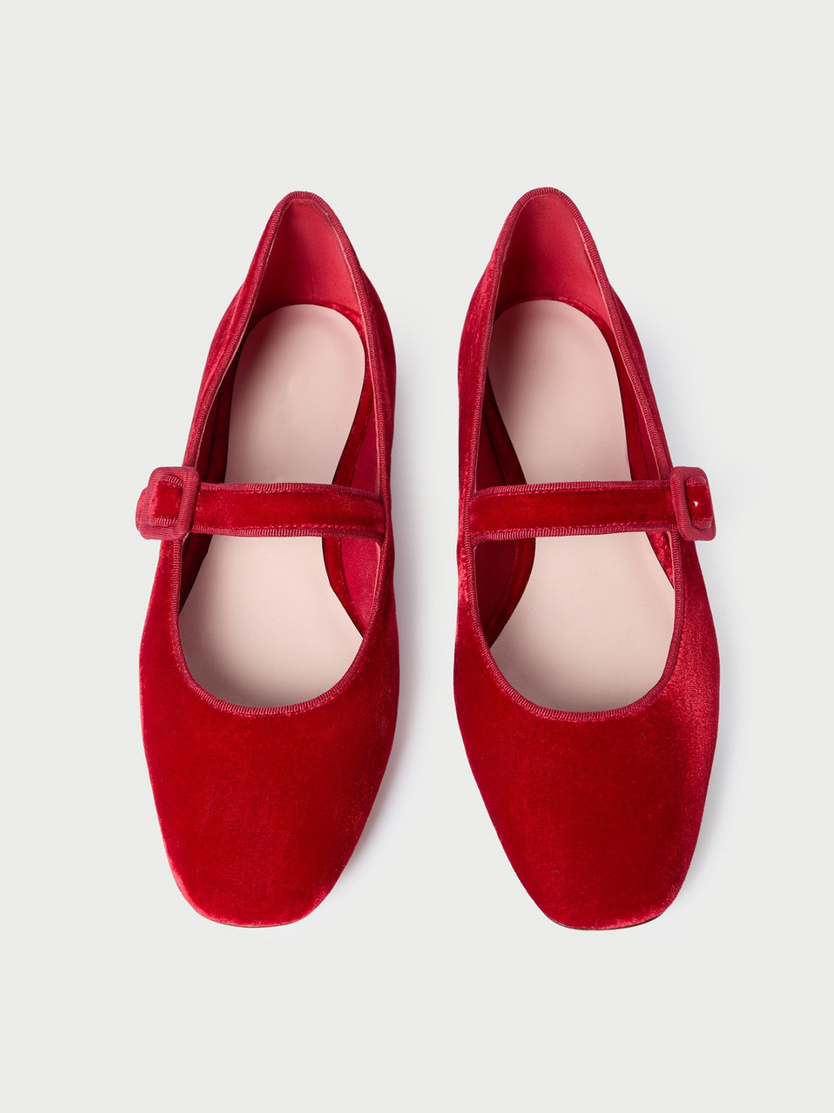 Red Velvet Square-Toe Adjustable Bridge Strap Mary Janes Ballet Flats