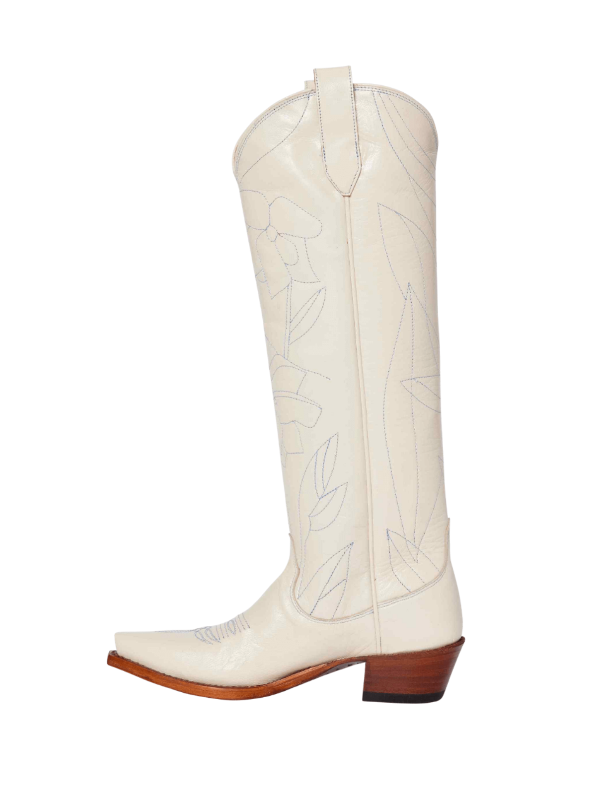 Cream Snip-Toe Embroidery Flower Applique Wide Calf Knee High Cowgirl Boots