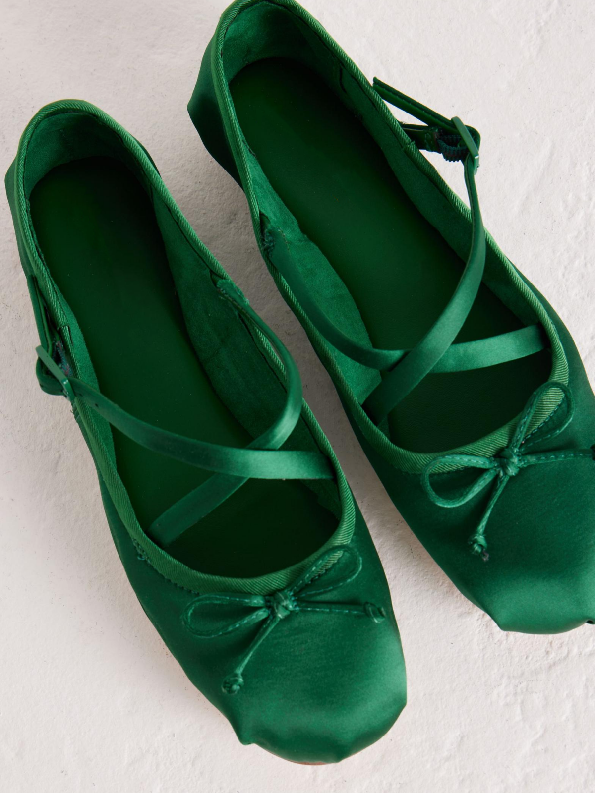 Satin Green Bow Ballerina Flats With Crossed Buckled Strap