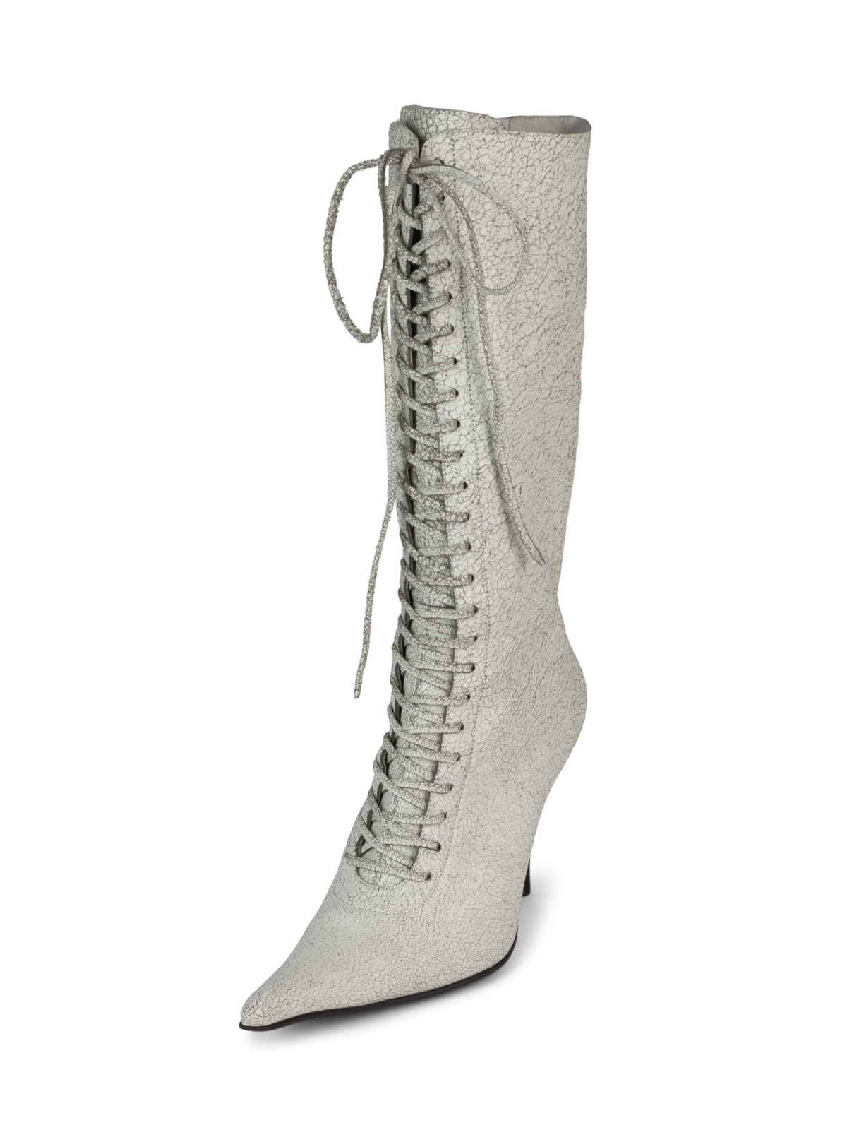 Distressed Ivory Pointed-Toe Lace-Up Full-Zip Mid Calf Stiletto Boots