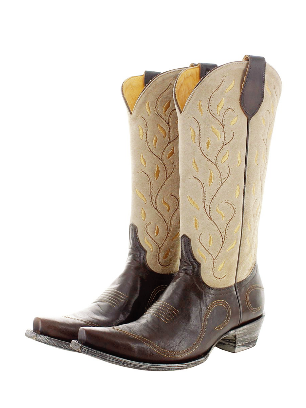 Contrast Chocolate And Tan Faux Suede Snip-Toe Embroidery Wide Mid Calf Cowgirl Boots