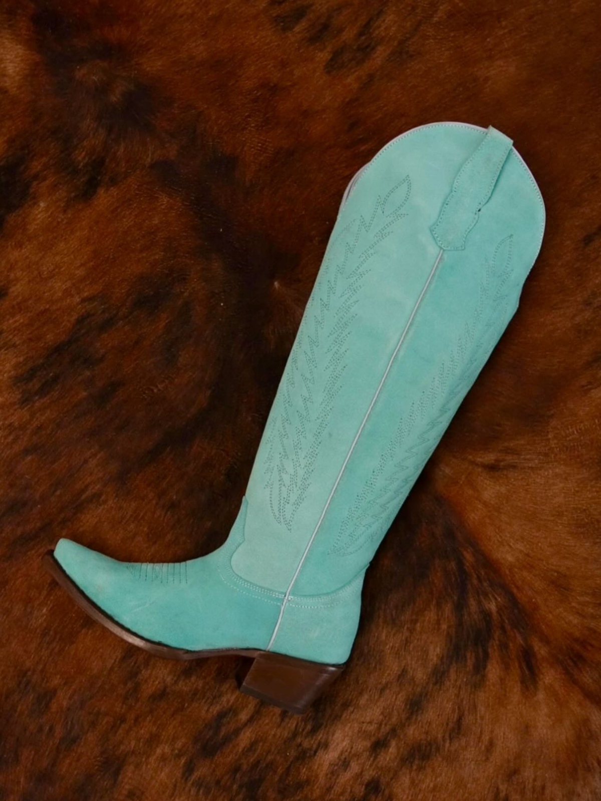 Faux Suede Snip-Toe Half-Zip Embroidery Knee High Tall Cowgirl Boots - Turquoise