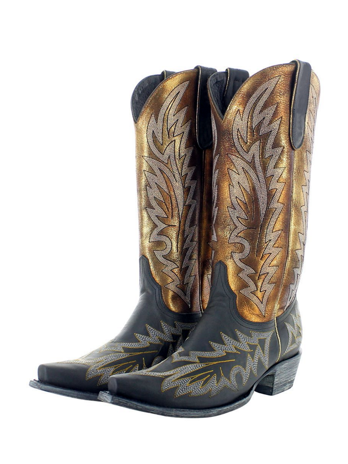 Contrast Black And Metallic Bronze Snip-Toe Embroidery Wide Mid Calf Cowgirl Boots