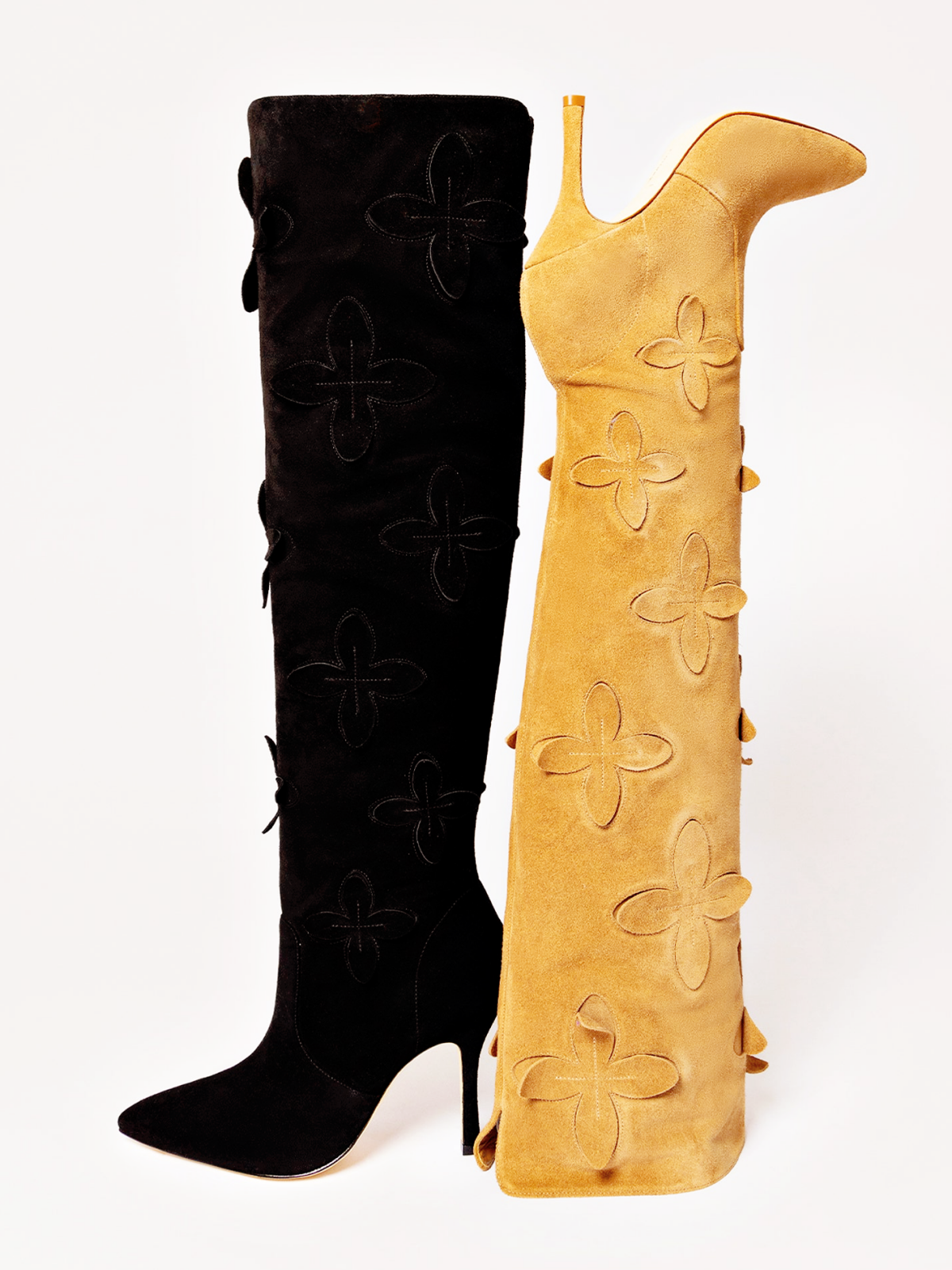 Black Faux Suede Pointed-Toe Floral Applique Wide Calf Over-The-Knee Tall Stiletto Boots