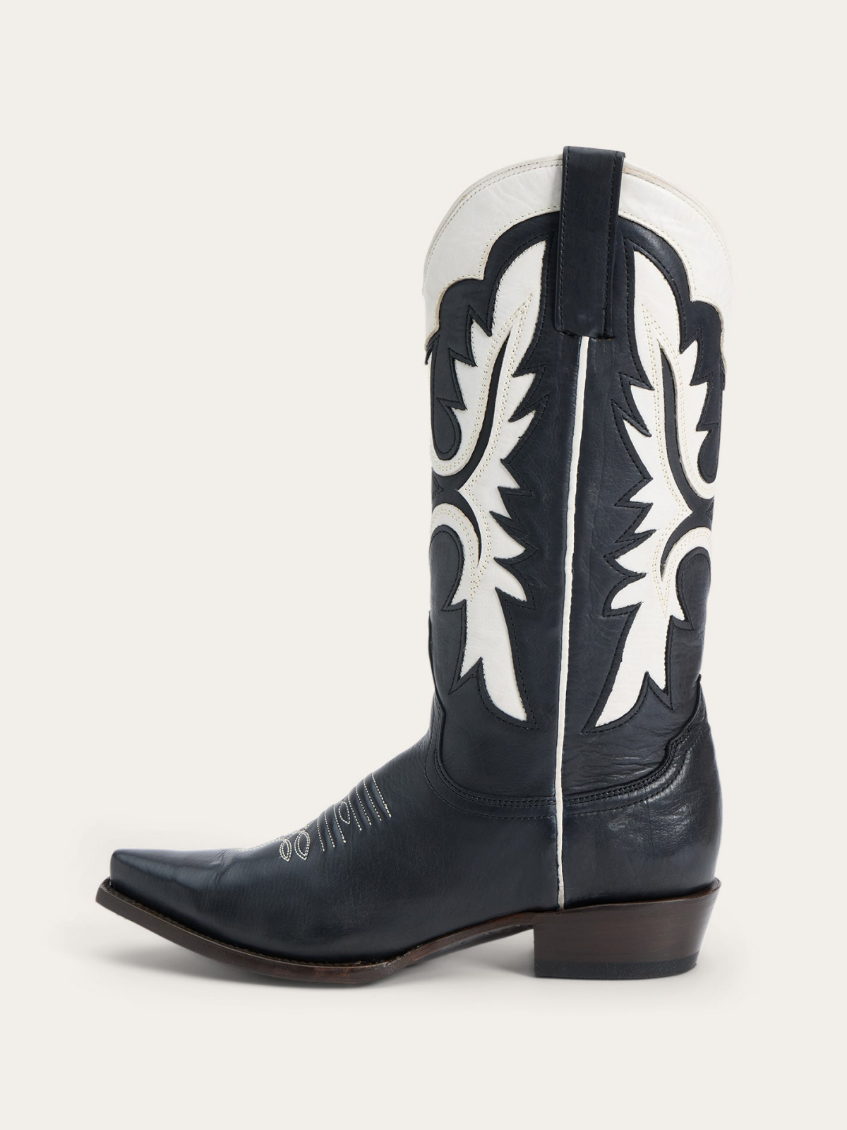 Black Snip-Toe White Inlay Wide Mid Calf Cowgirl Boots