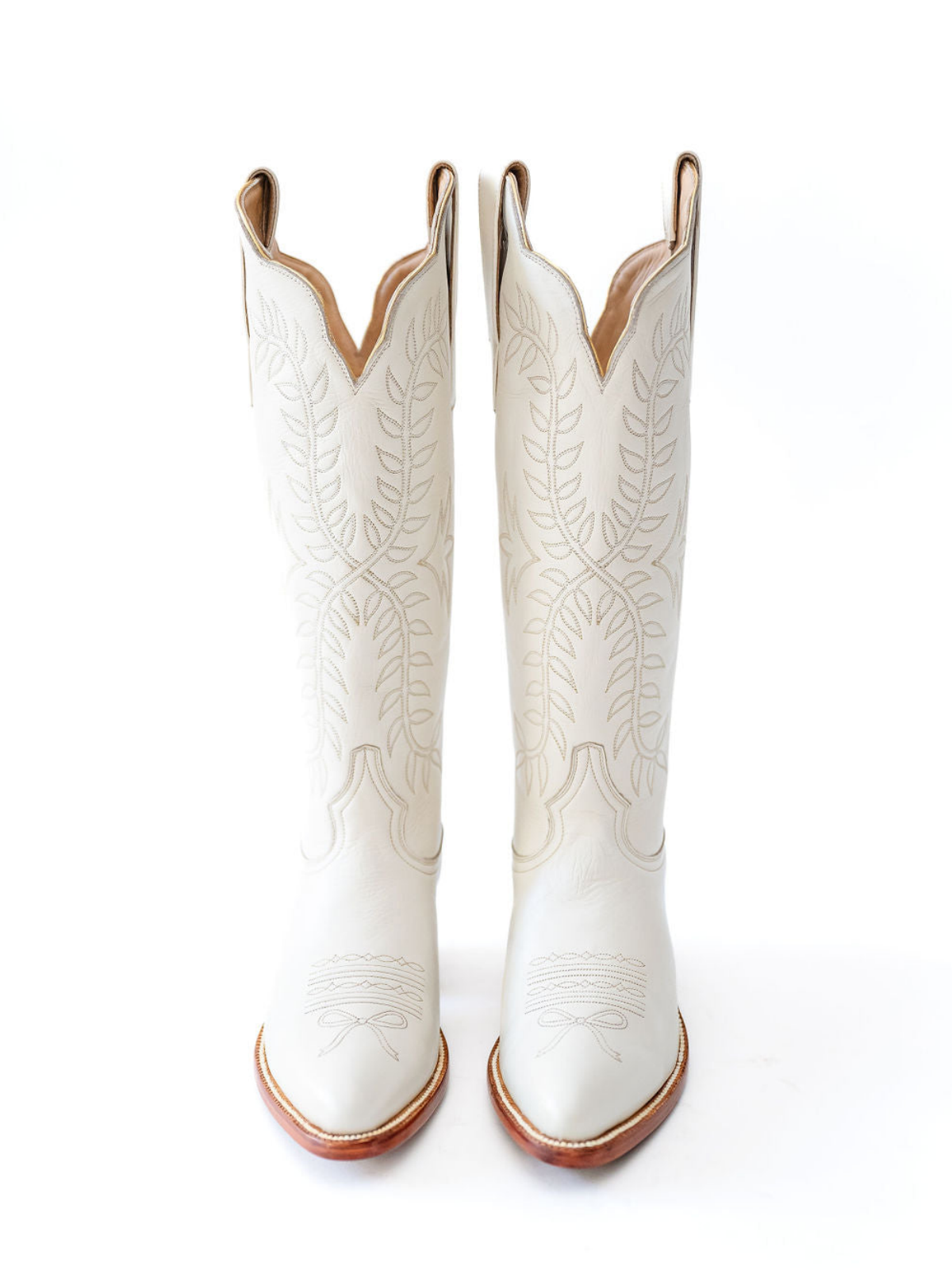 Leaves Embroidery Almond-Toe Wide Mid Calf Cowgirl Boots - Ivory